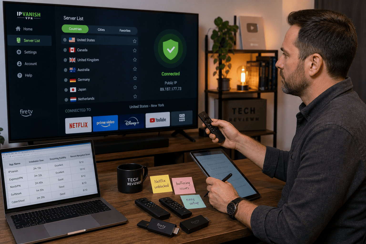 Reviewer testing multiple VPN apps on a Fire TV Stick with notes about installation time, streaming stability, and remote navigation