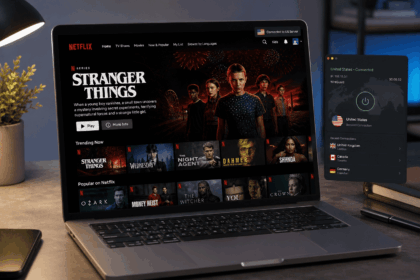 Laptop showing the Netflix homepage with the US catalog open after connecting to a VPN server in the United States
