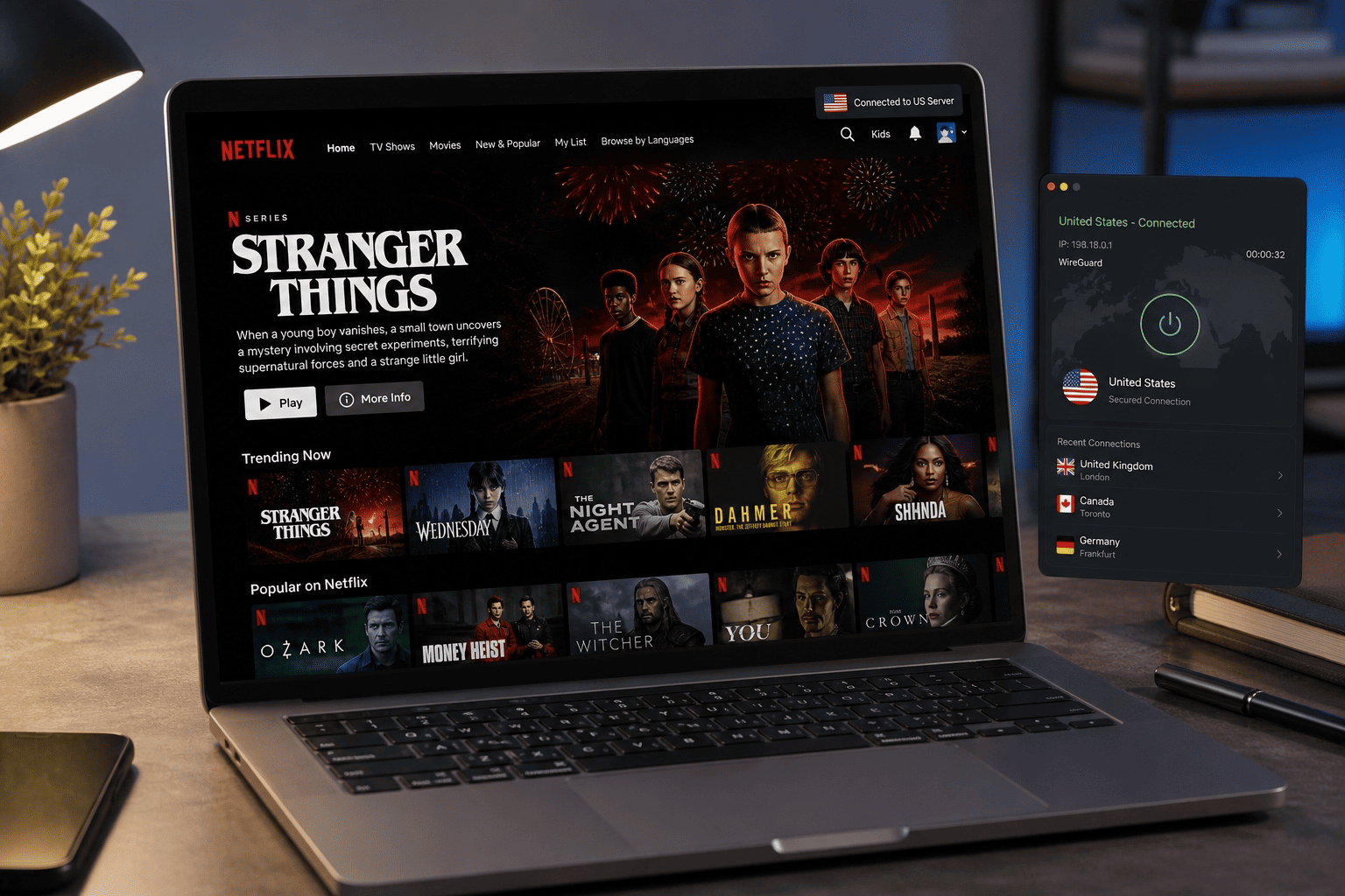 Laptop showing the Netflix homepage with the US catalog open after connecting to a VPN server in the United States