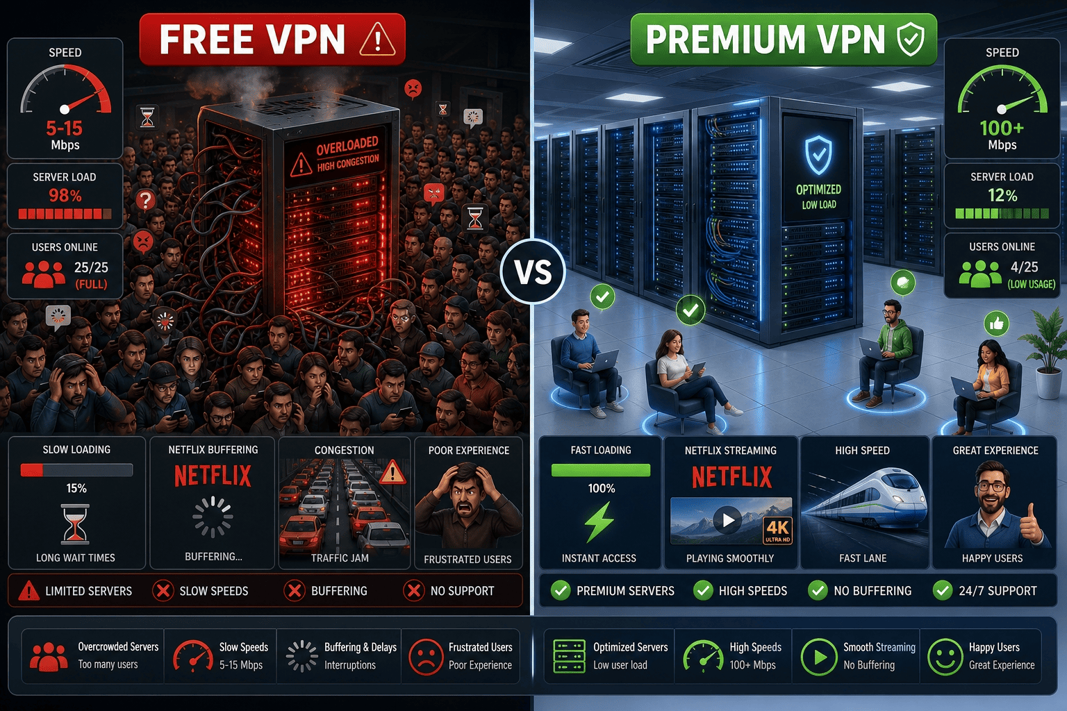 Side-by-side illustration of a crowded free VPN server and a premium VPN server with faster Netflix streaming and fewer users
