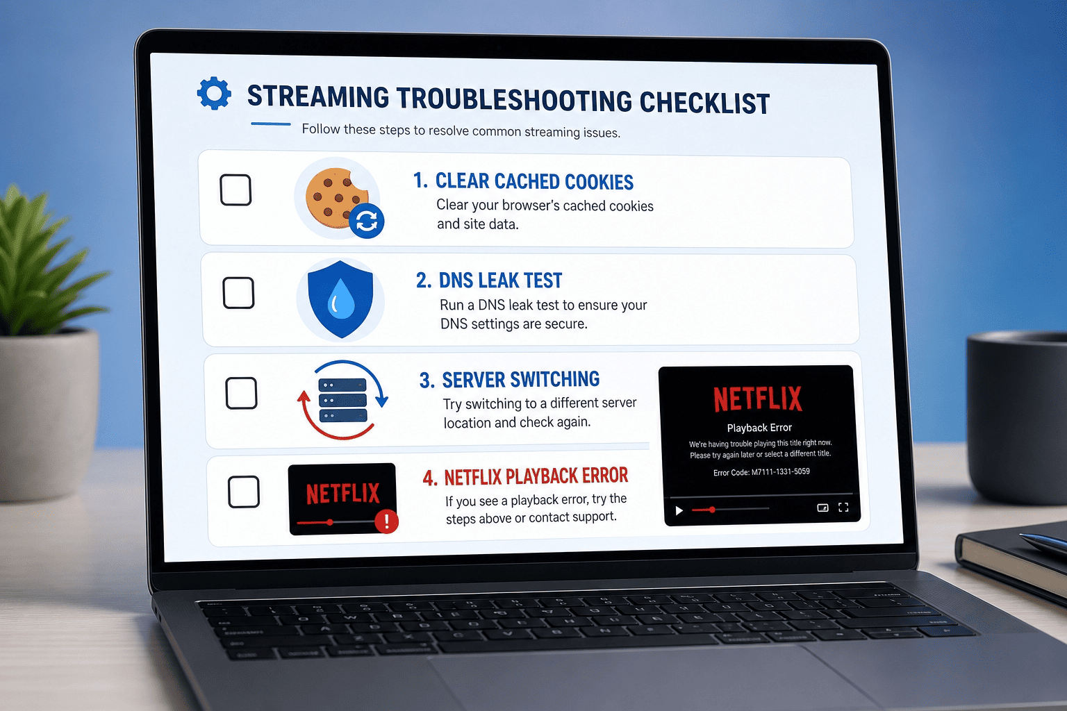 Troubleshooting checklist graphic with icons for cached cookies, DNS leak test, server switching, and Netflix error playback on a laptop