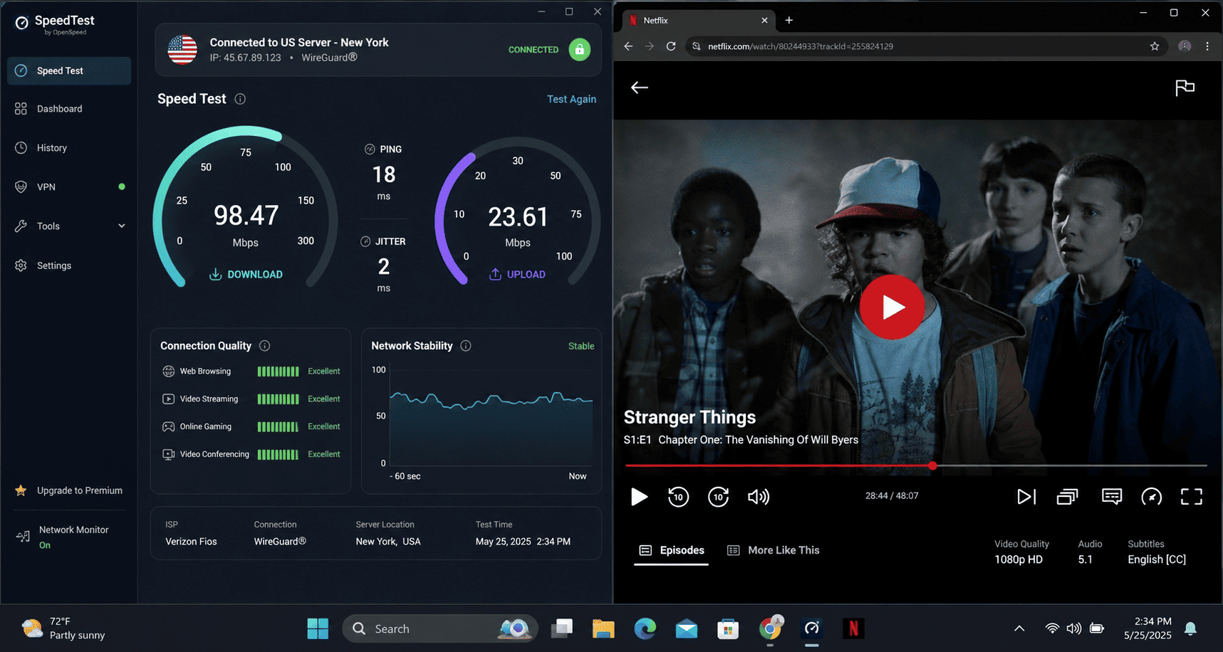 Streaming speed test dashboard beside a paused Netflix video, showing latency, download speed, and a VPN connection to a US server