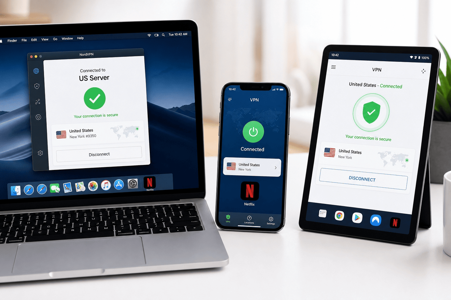 Split-screen of a laptop, iPhone, and Android tablet all running a VPN app with Netflix ready to open, emphasizing easy device setup