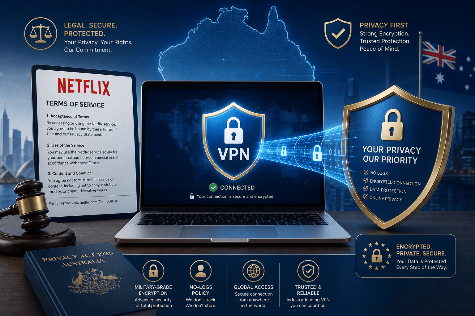 Legal and privacy themed illustration showing a VPN connection protecting a laptop in Australia, with Netflix terms and a privacy shield icon