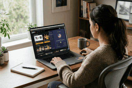 Laptop showing the ESPN+ homepage with a VPN app connected to a United States server in the background