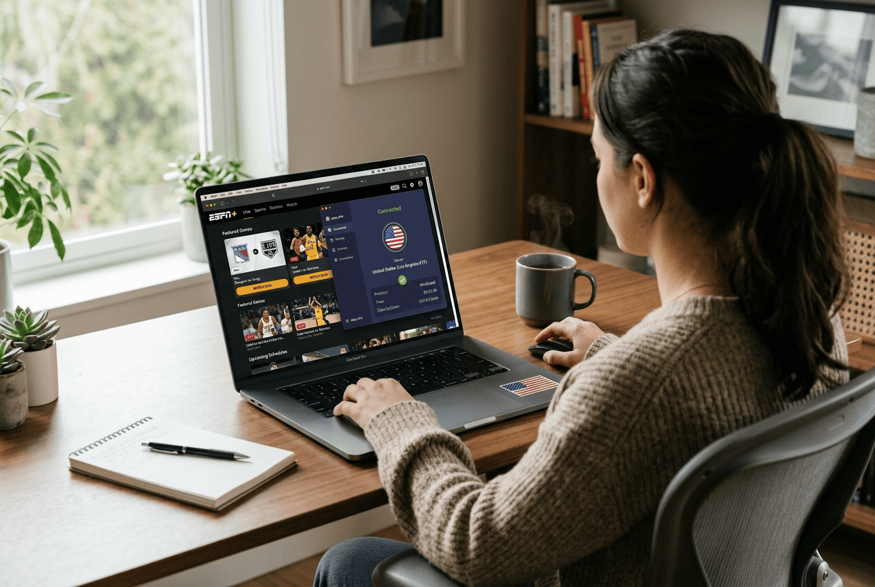 Laptop showing the ESPN+ homepage with a VPN app connected to a United States server in the background
