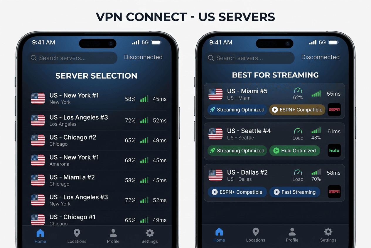 Comparison-style screenshot of a VPN app server list highlighting multiple US locations for streaming ESPN Plus