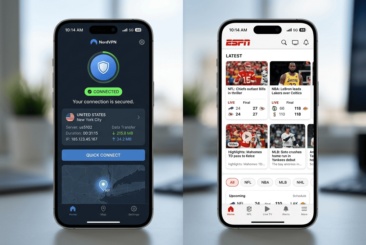 Mobile phone screenshot of a VPN app connected to a US server next to the ESPN app home screen loading successfully