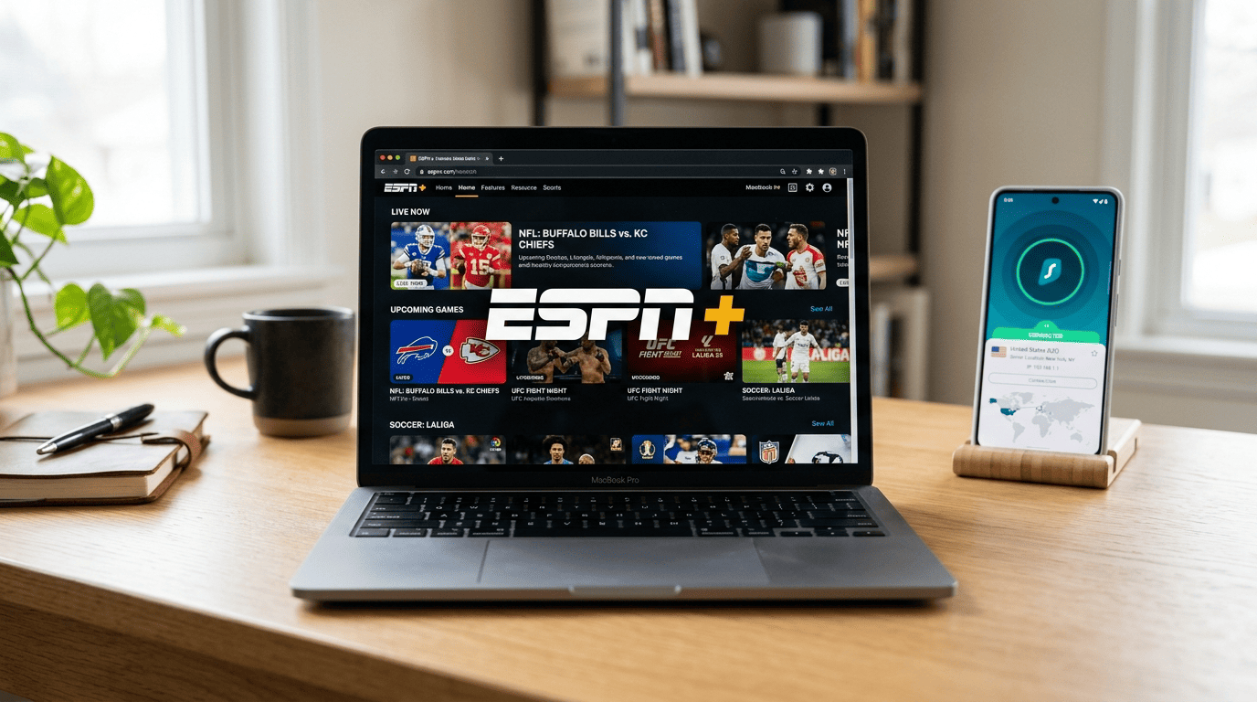 Person setting up a VPN on a laptop with ESPN Plus open in a browser tab and a US server selected