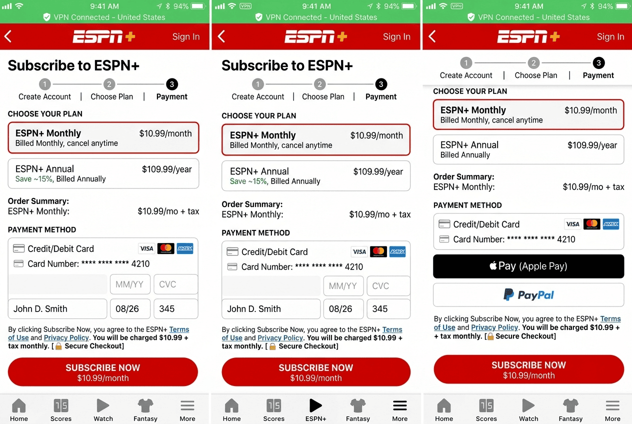 ESPN account sign-up and checkout screen showing subscription payment options while connected to a US VPN server