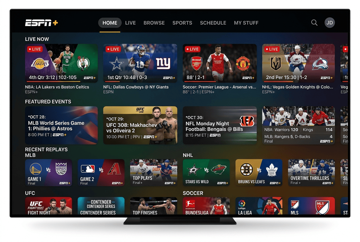 ESPN Plus content grid featuring live sports, replays, and featured event tiles inside the app