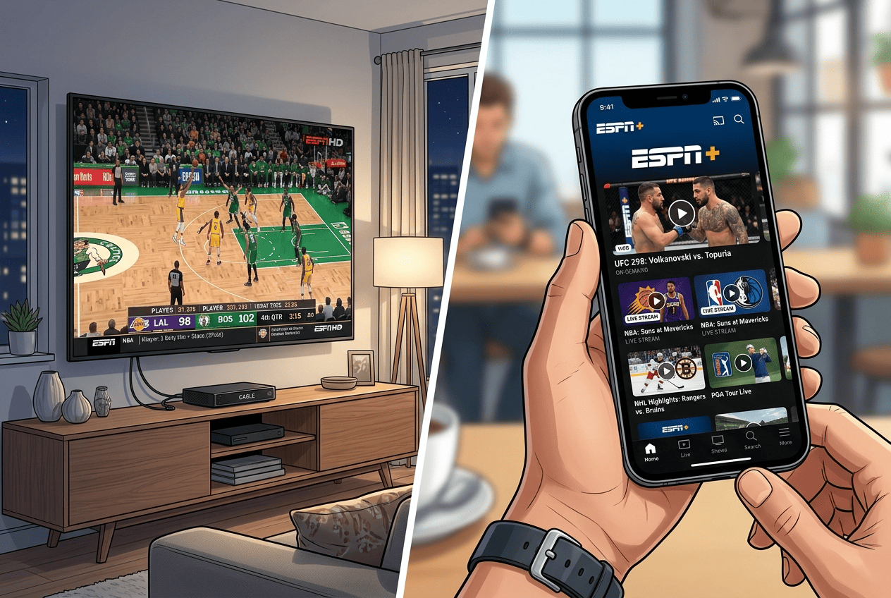Split-screen illustration showing the ESPN TV channel on cable next to the ESPN+ streaming app on a phone
