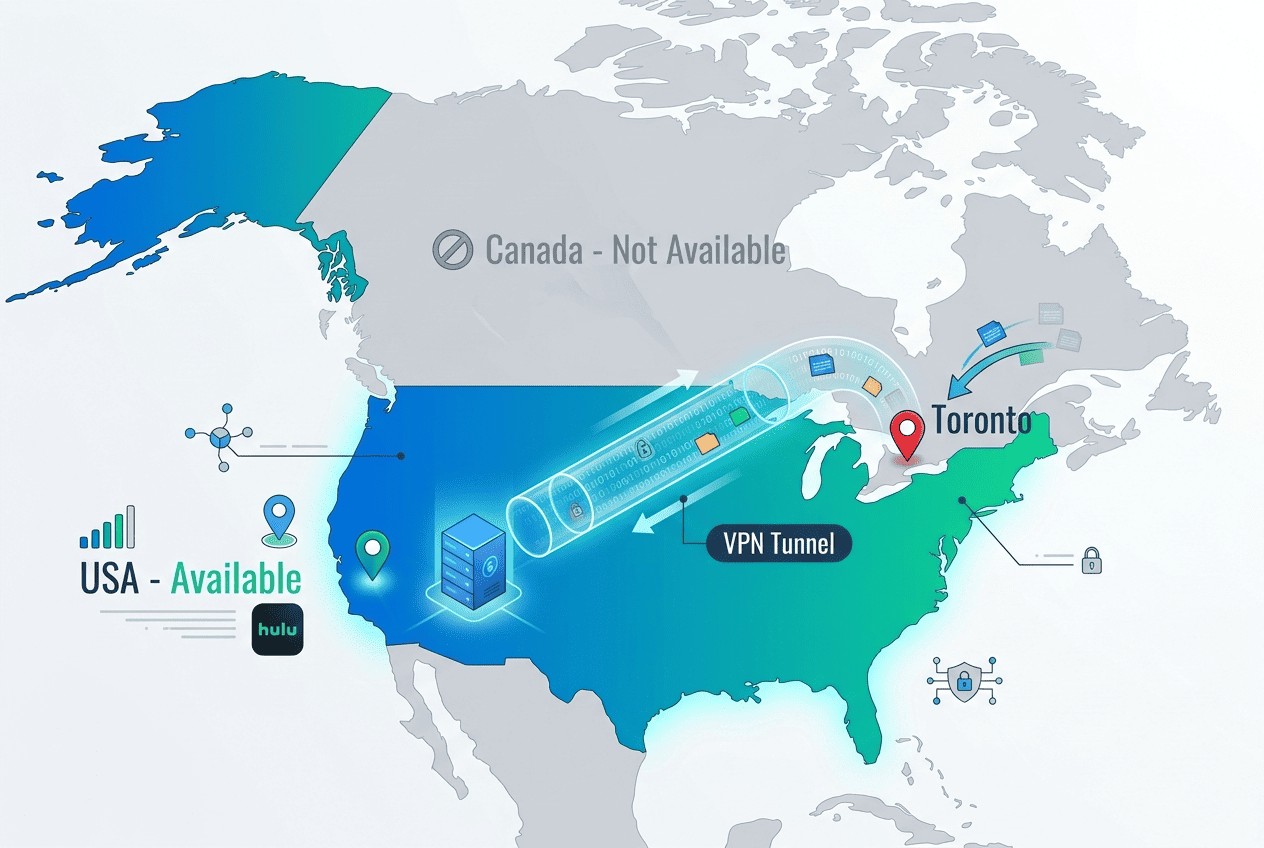 Map-style illustration showing Hulu availability limited to the United States with Canada greyed out and a VPN tunnel routing from Toronto to a US server