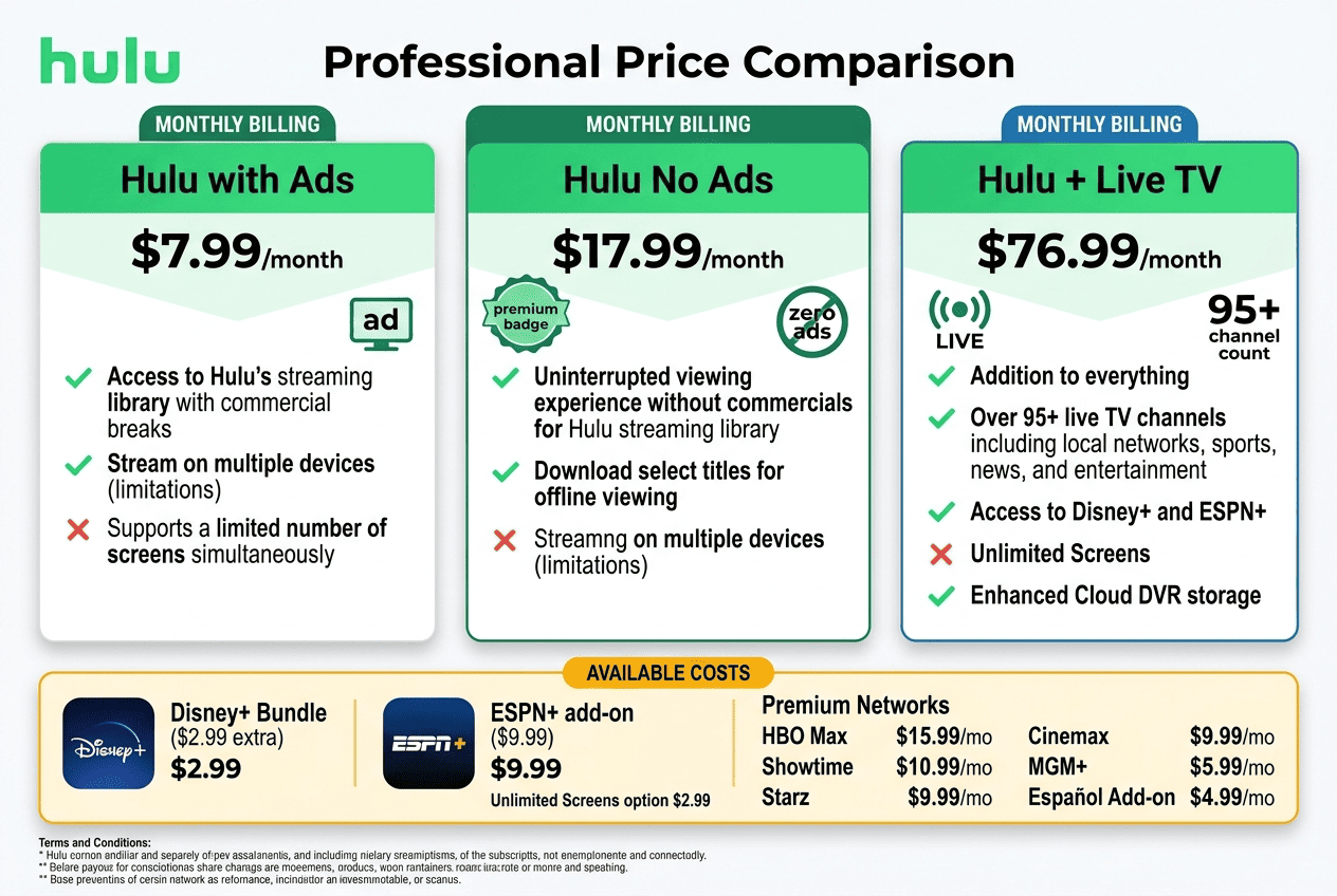 Price comparison chart showing Hulu with ads, Hulu no ads, and Hulu Live TV with add-on costs highlighted