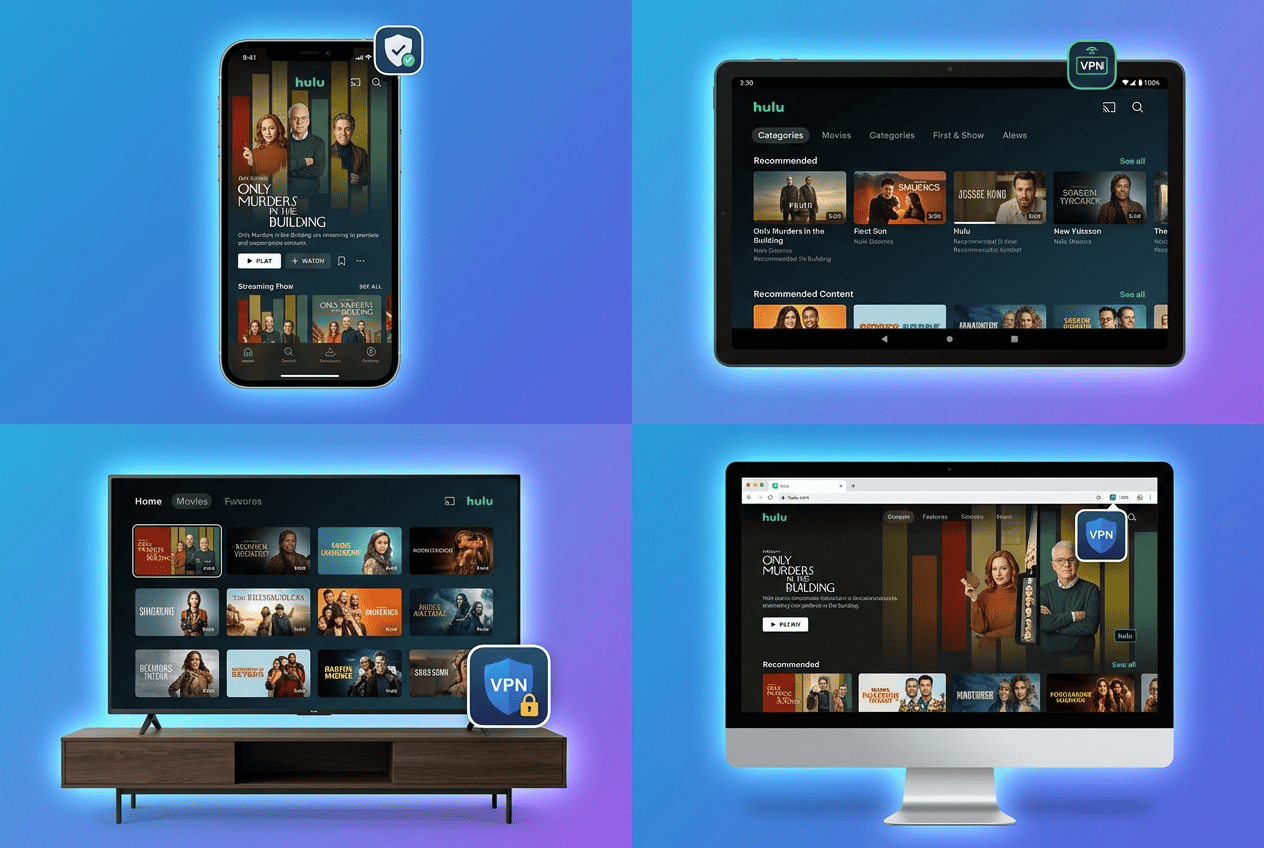 Collage of Hulu running on iPhone, Android tablet, smart TV, and desktop browser with a VPN icon visible on each device