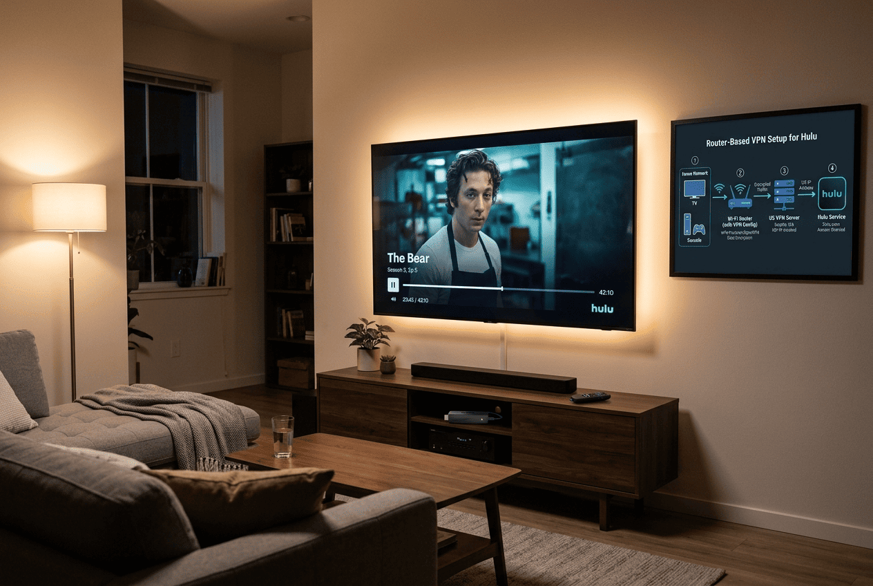 Living room smart TV showing Hulu playback with a router-based VPN setup diagram beside it and a streaming stick on the console