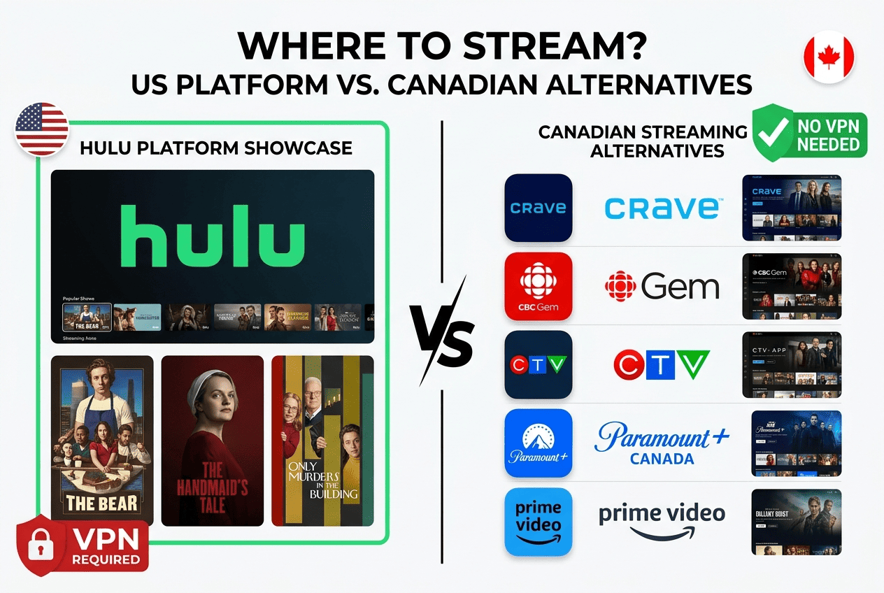 Side-by-side comparison of Hulu and Canadian streaming alternatives, with local platform logos and a “no VPN needed” label