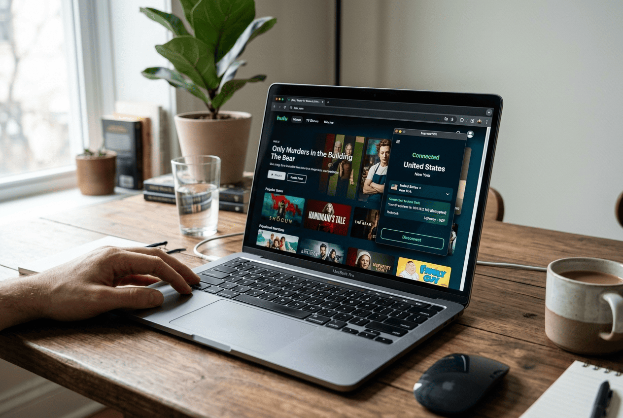 Laptop browser open to Hulu with a VPN app connected to a US server in the foreground, showing the correct connect-first setup order