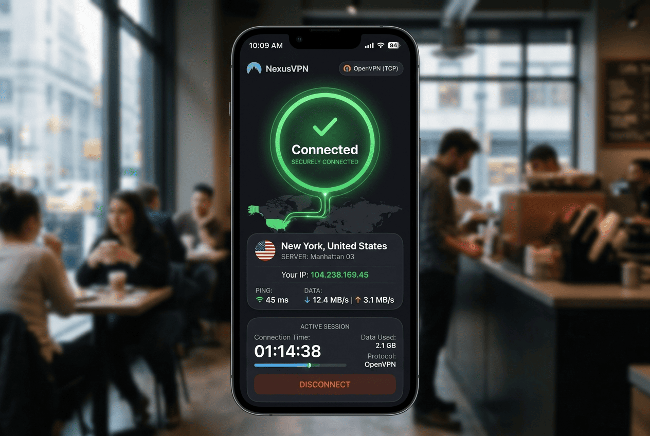 Screenshot of a VPN app connected to a New York US server with the green “connected” status and a ping indicator