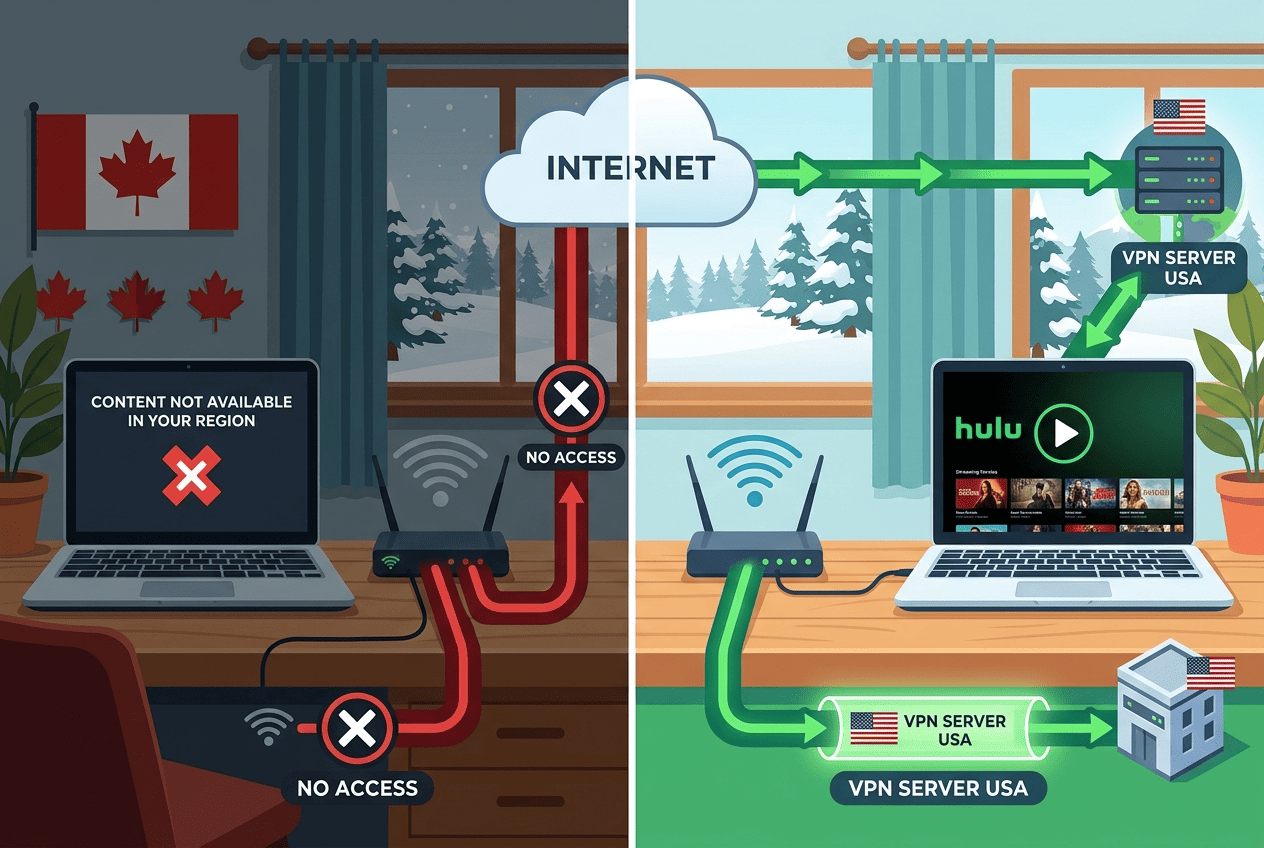 Split-screen illustration of a Canadian home connection on the left and a Hulu stream routed through a US VPN server on the right