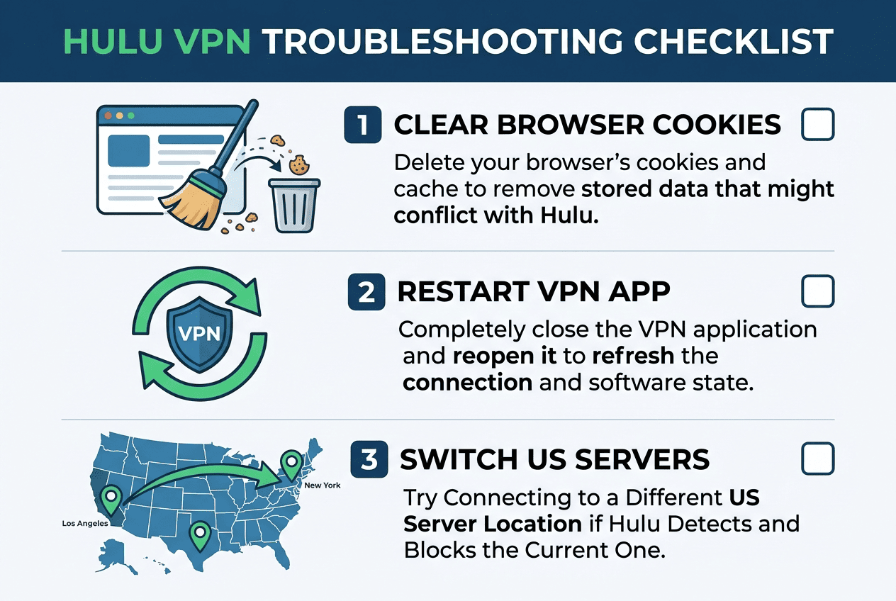Troubleshooting checklist graphic showing browser cookies, app restart, and switching from one US server to another after Hulu detection