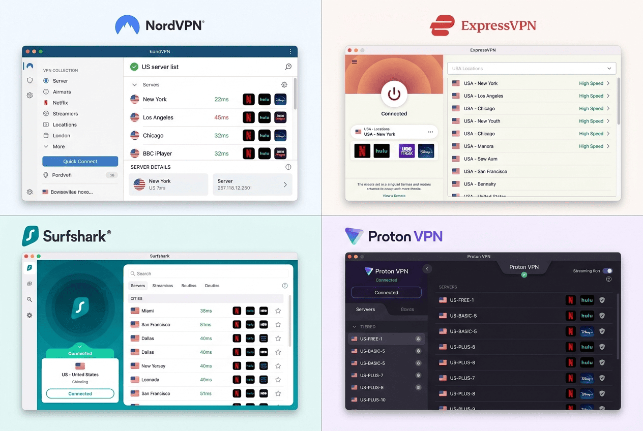 Comparison-style illustration of NordVPN, ExpressVPN, Surfshark, and Proton VPN app windows with US server lists and streaming icons