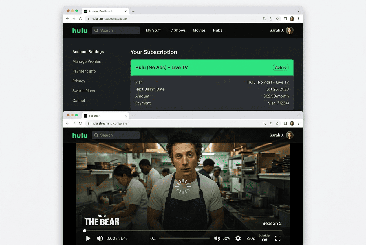 Hulu account dashboard showing an active subscription status and a test playback screen loading a movie or TV episode