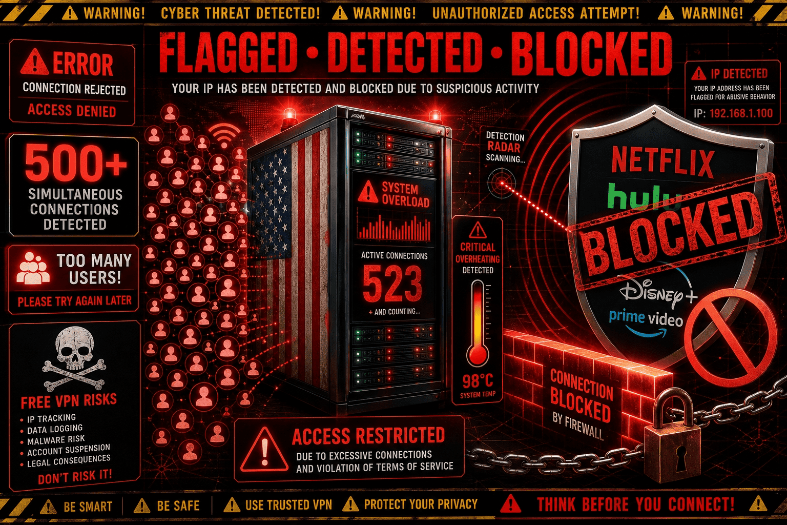 Warning-style graphic showing an overloaded free US server being flagged by a streaming platform