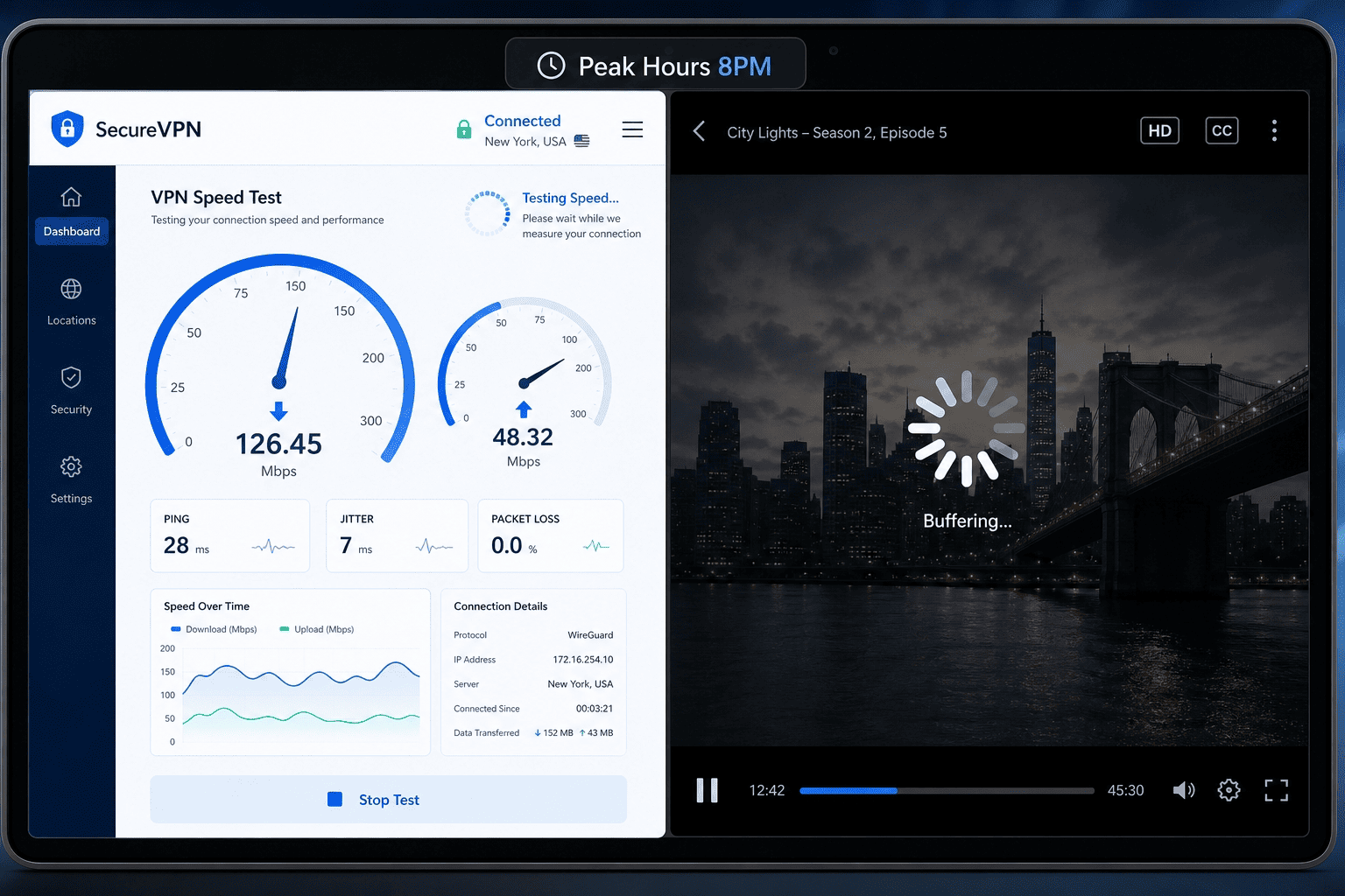 Smartphone data-usage screen next to a streaming buffer icon, showing a free VPN monthly cap being used up during one video session