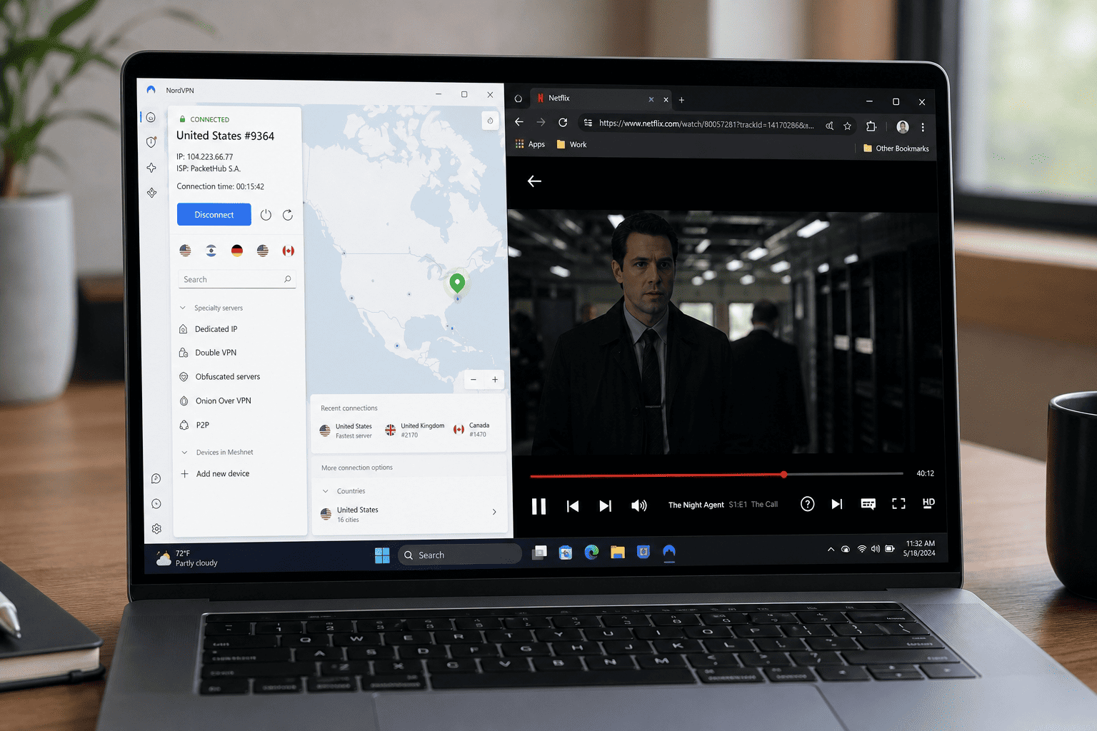 Screenshot-style illustration of the NordVPN desktop app with the US server list open, showing optimized locations and an active subscription status
