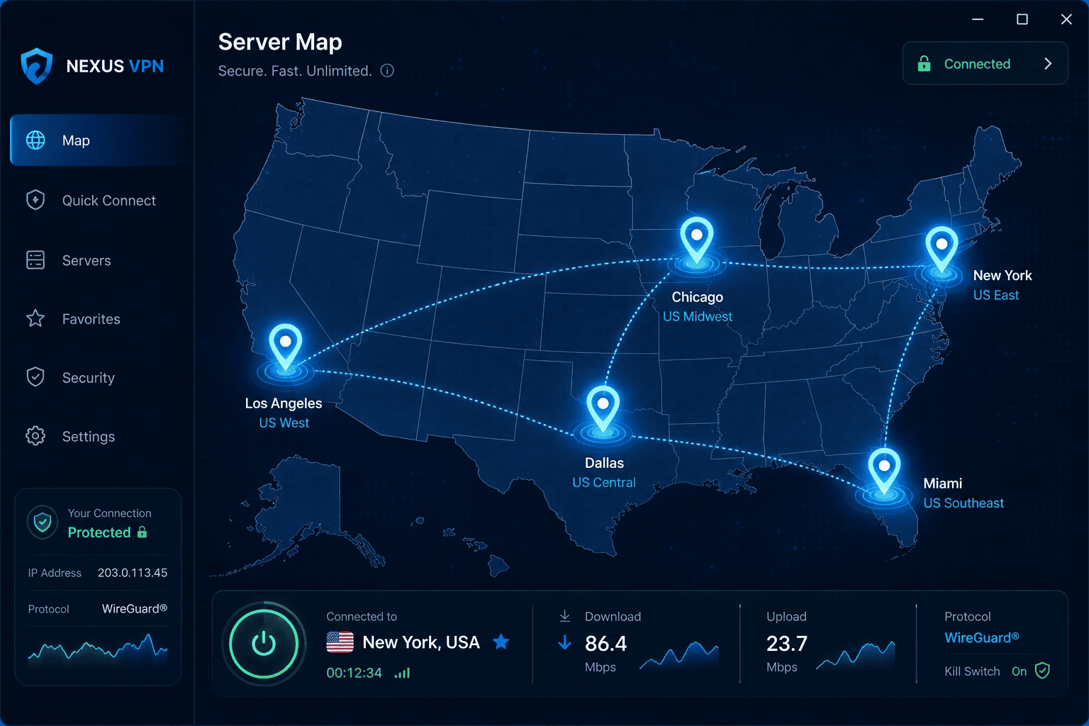Map-style view of a VPN app with US server pins highlighted in New York, Miami, Los Angeles, Dallas, and Chicago