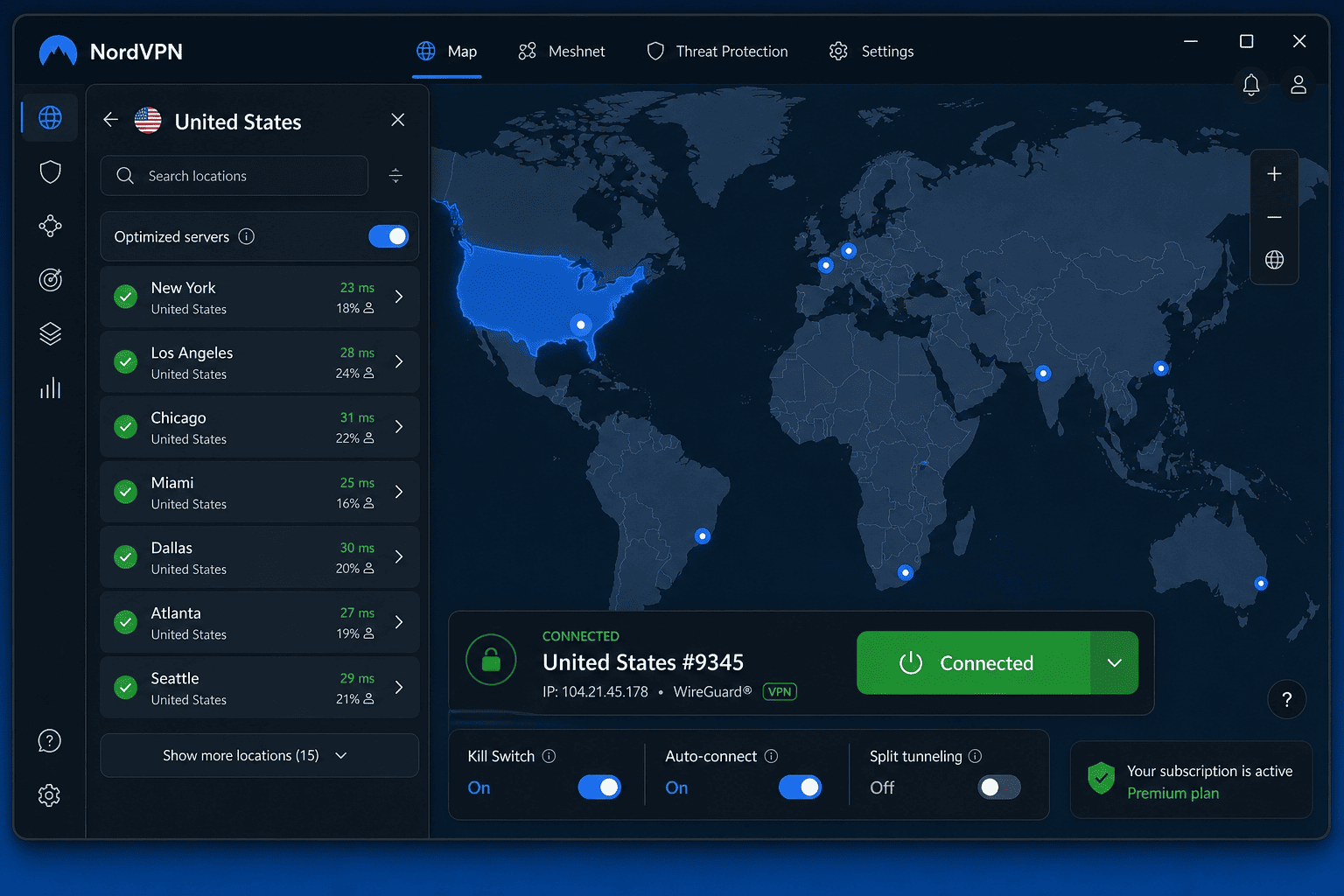 NordVPN app screenshot on a laptop showing a US city server selected, with a streaming test video playing in a browser window