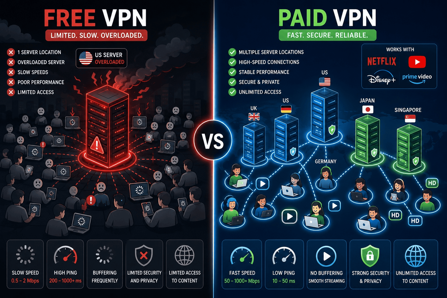 Split-screen illustration of a free VPN with one crowded US server and a paid VPN with multiple stable streaming servers