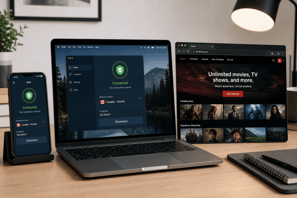 VPN app connected to a Toronto server next to Canadian Netflix