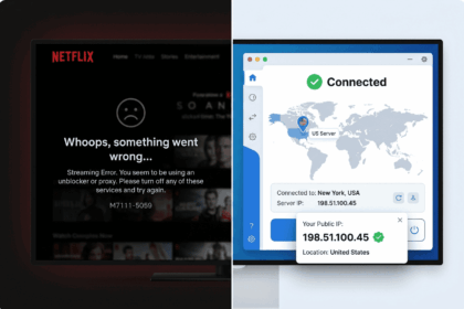 Split-screen illustration of the Netflix proxy error message next to a VPN app showing a connected server and an IP address check result