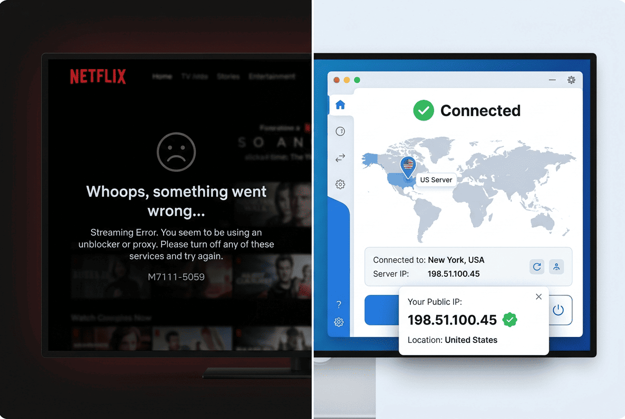 Split-screen illustration of the Netflix proxy error message next to a VPN app showing a connected server and an IP address check result