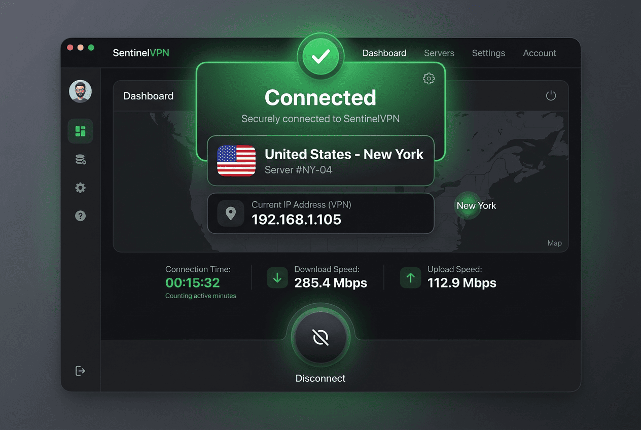 Screenshot of a VPN app dashboard showing a green “Connected” status, selected country server, and current IP address