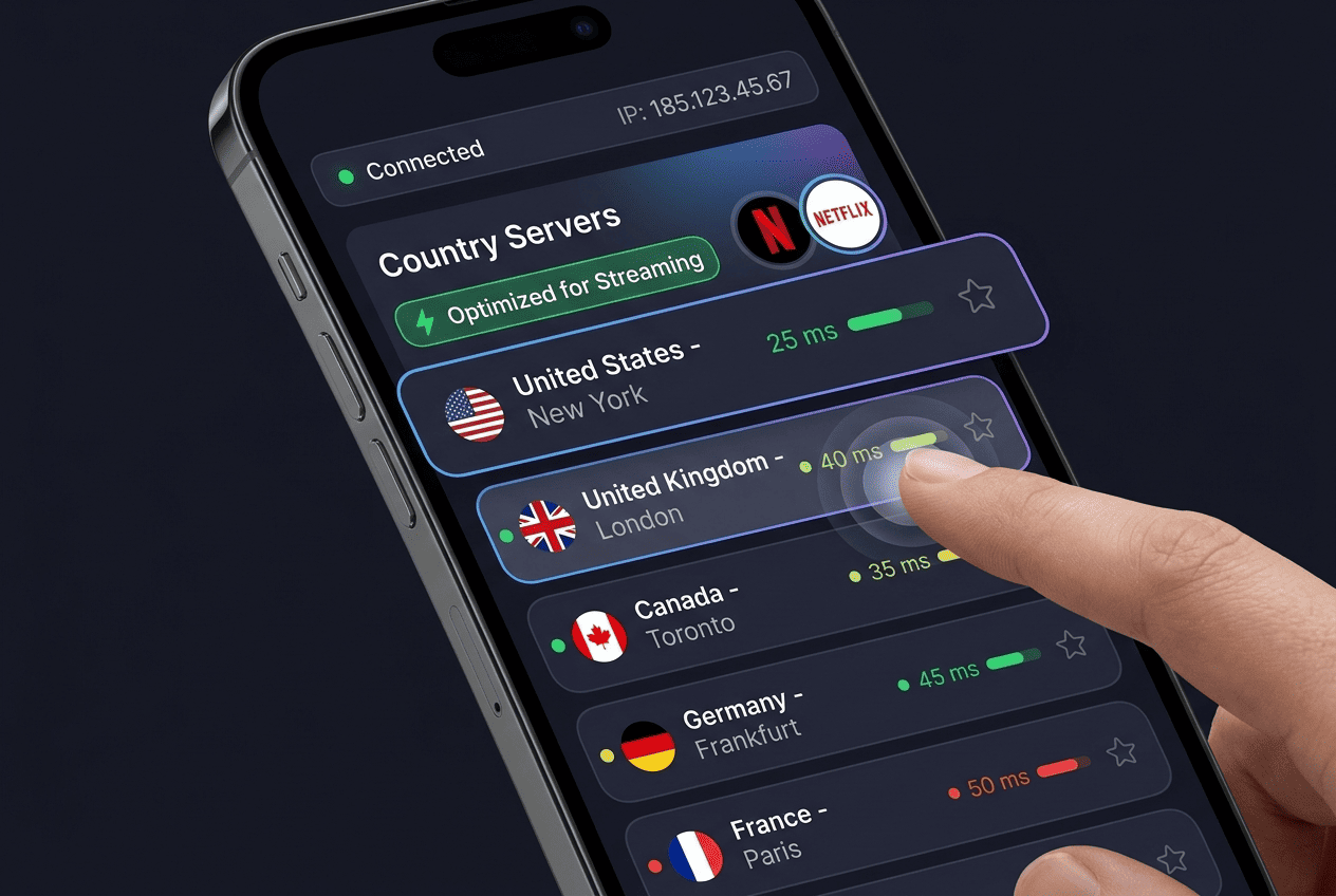 Country server list in a VPN app with one Netflix-optimized server highlighted and another server being selected