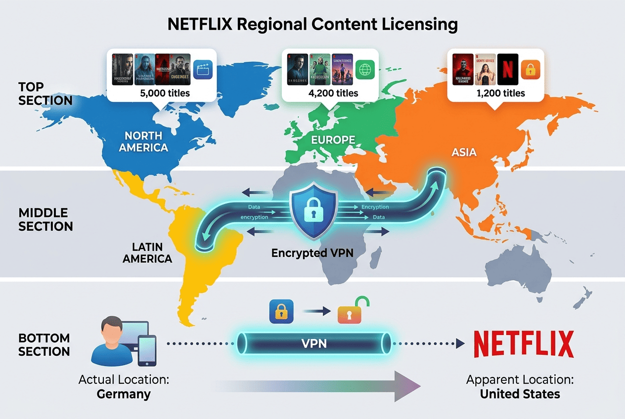 Concept diagram showing Netflix content rights by region with a VPN tunnel changing the user’s apparent country