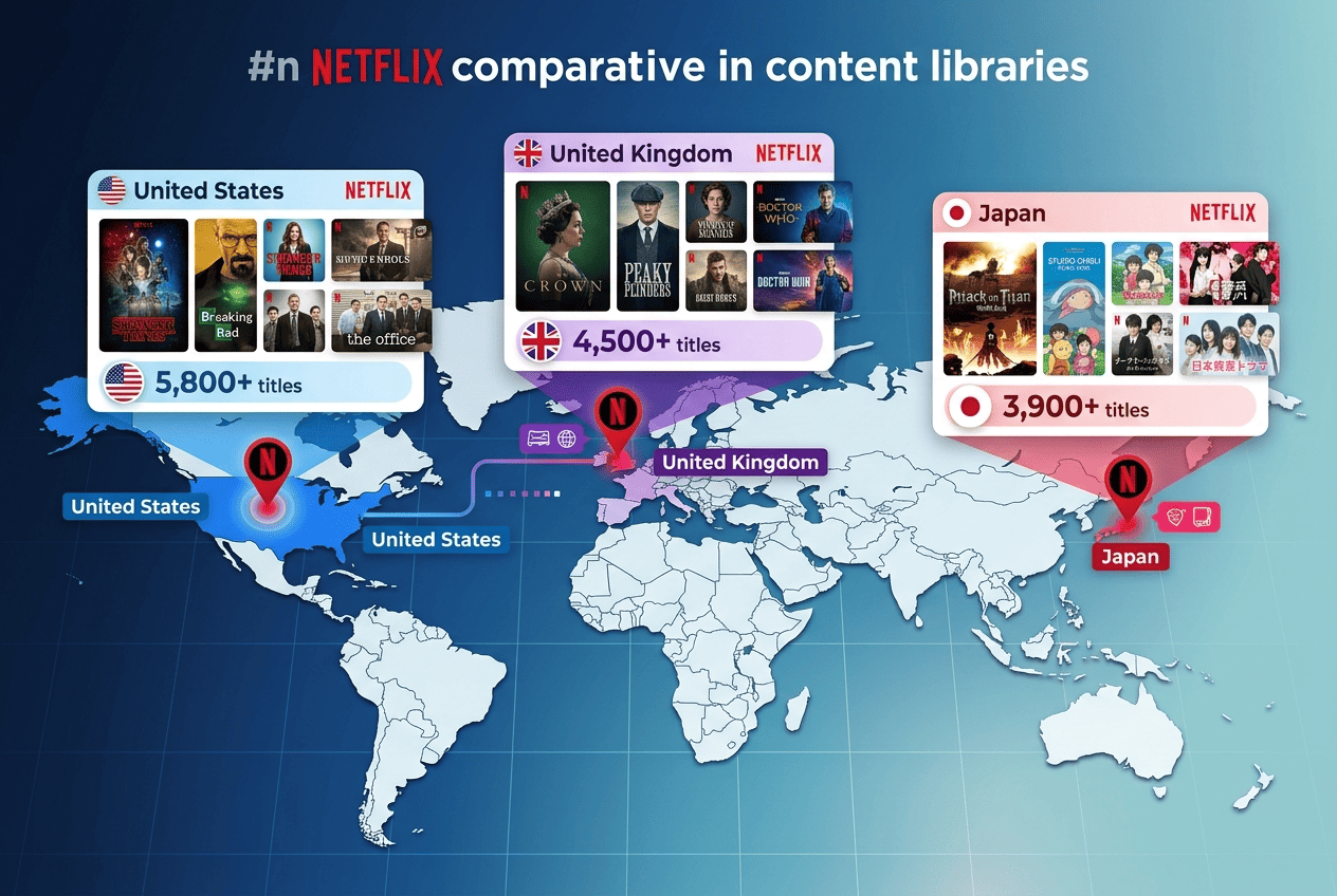 Map illustration of Netflix libraries in the US, UK, and Japan showing different available titles by country