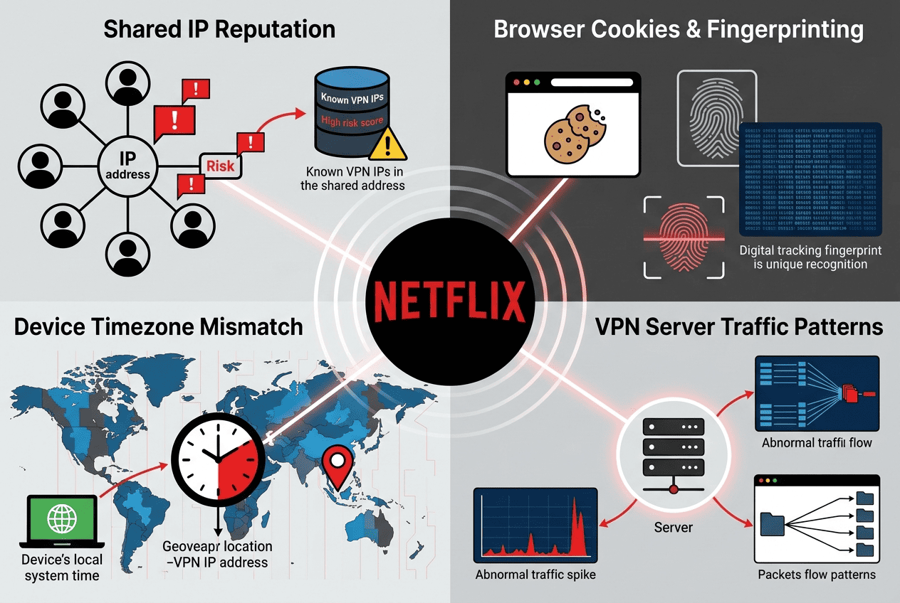 Infographic of Netflix detection signals showing shared IP reputation, browser cookies, device timezone, and VPN server traffic