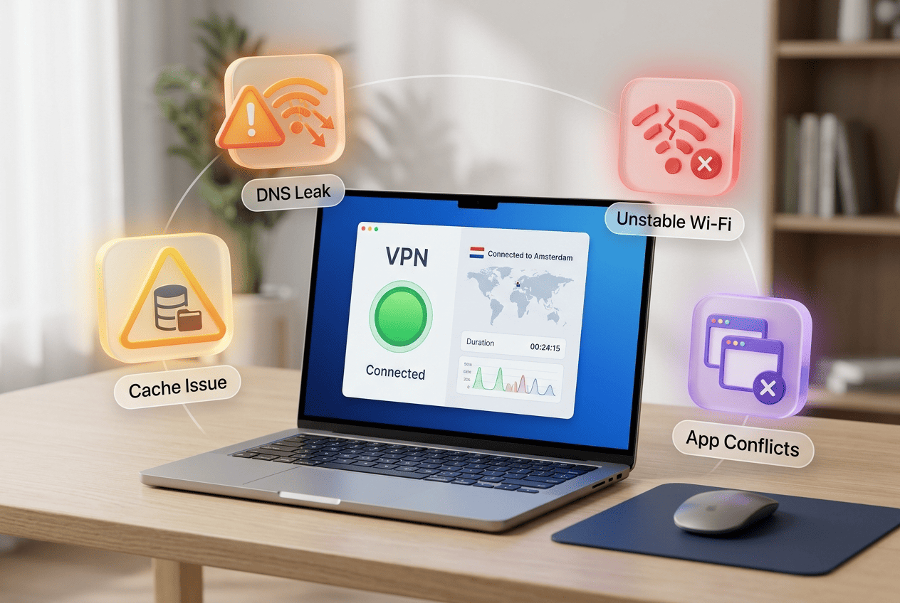 Laptop connected to a VPN with warning icons for cache, DNS leak, unstable Wi‑Fi, and app conflicts