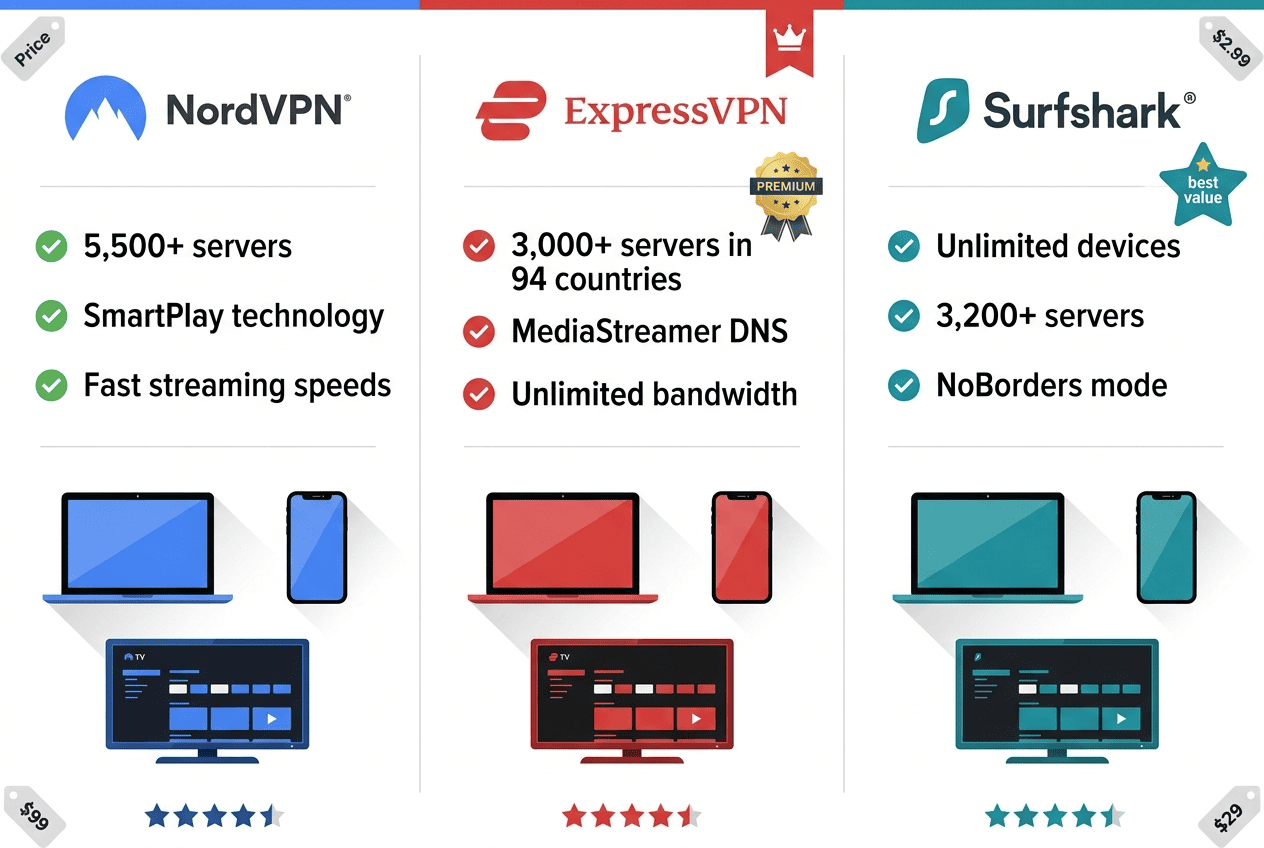 Comparison graphic of NordVPN, ExpressVPN, and Surfshark with streaming device icons for laptop, phone, and smart TV